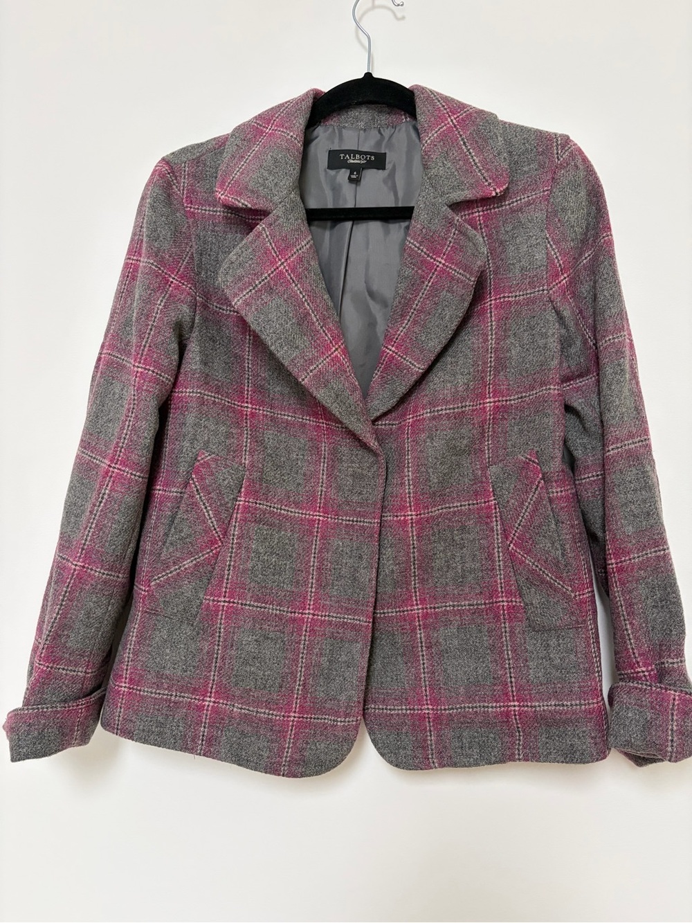 Talbots Wool Plaid Blazer Jacket Gray Pink Size 6